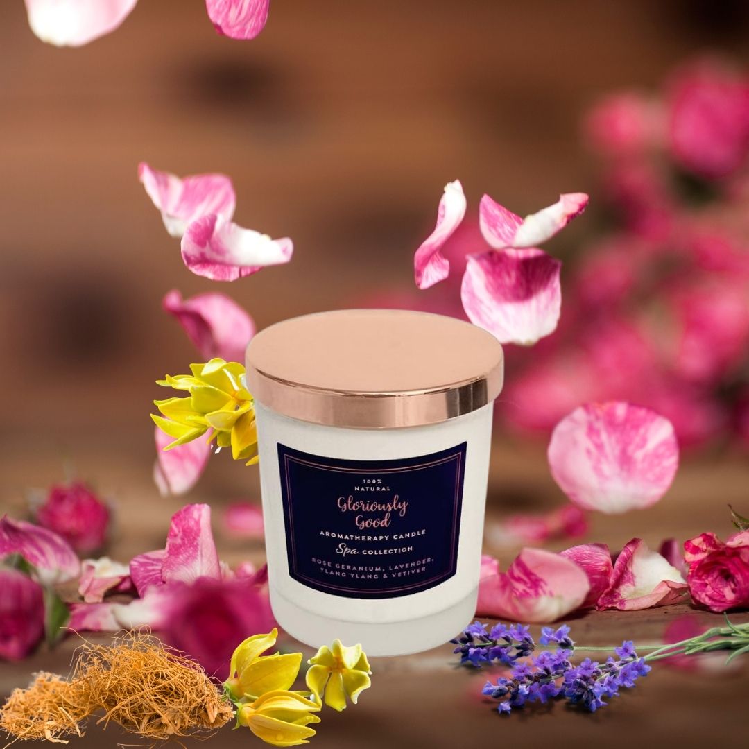 Rose Geranium, Lavender, Ylang Ylang & Vetiver Aromatherapy Naturally Scented Candle - Image 3